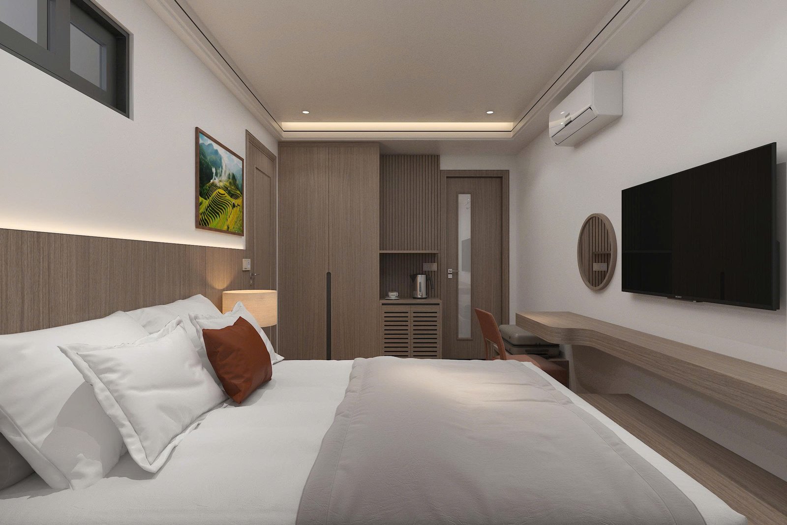 Cozy hotel bedroom with mountain view window