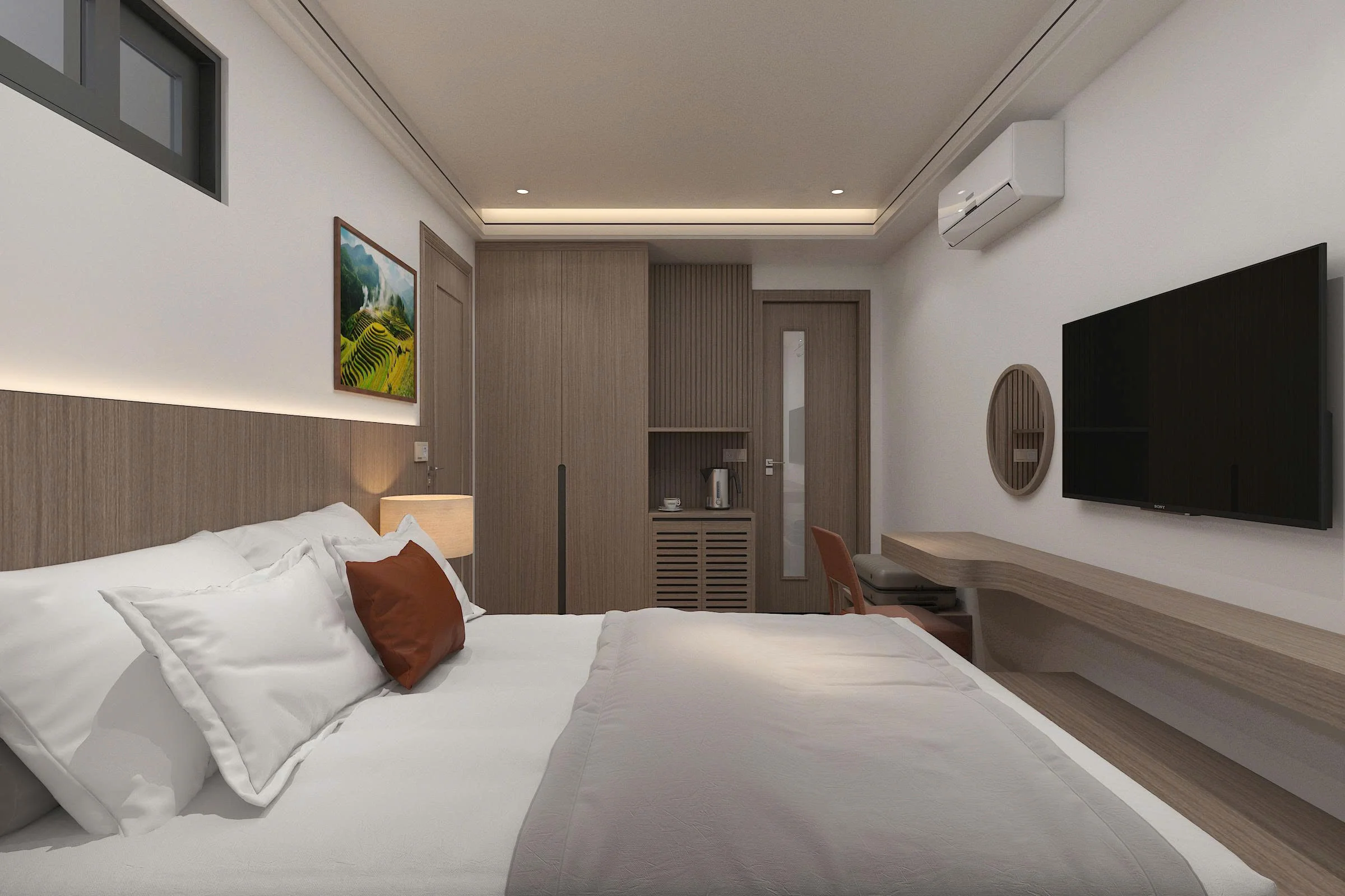 Cozy hotel bedroom with mountain view window