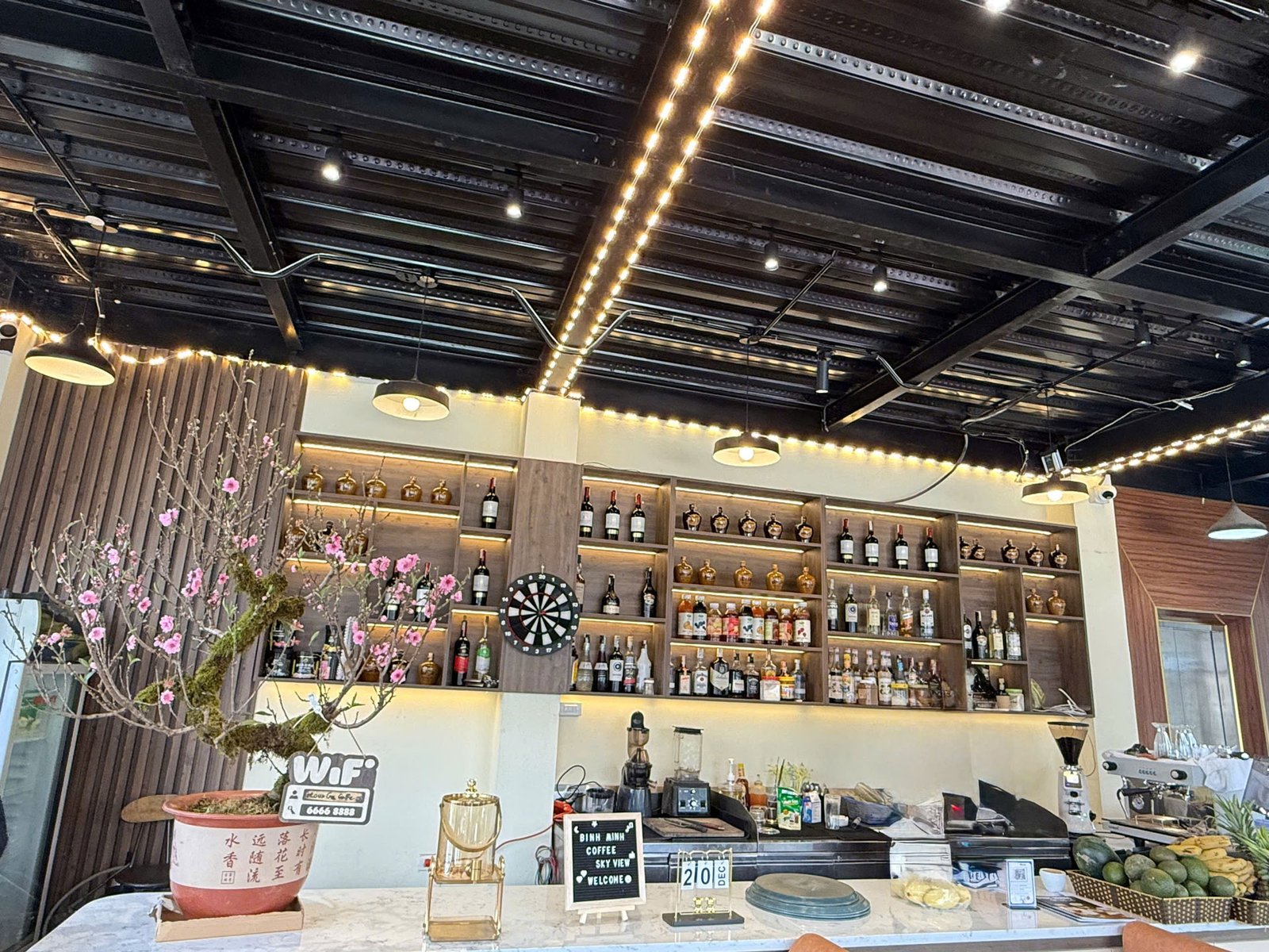 Latte art coffee cup on a table with blurred cafe background