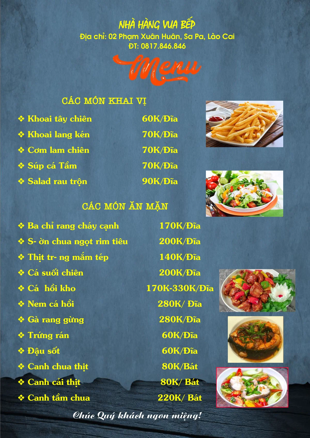 Thực đơn nhà hàng Vua Bếp