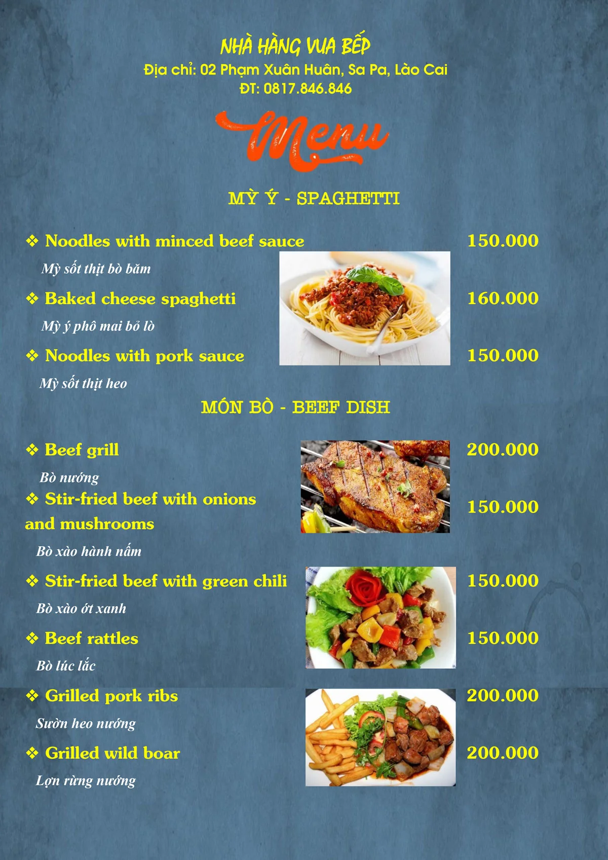 Thực đơn nhà hàng Vua Bếp